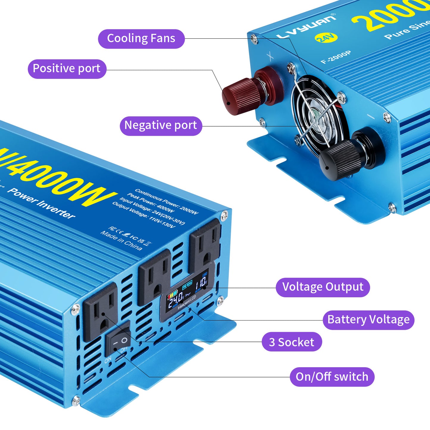 LVYUAN 2000W 4000W Peak Power Inverter DC 24V to AC 110V Pure Sine Wave Car Battery Inverter 3 AC Outlets Charger Adapter LCD Display for Car, RV, Truck, Camping, Home Backup, Emergency Power