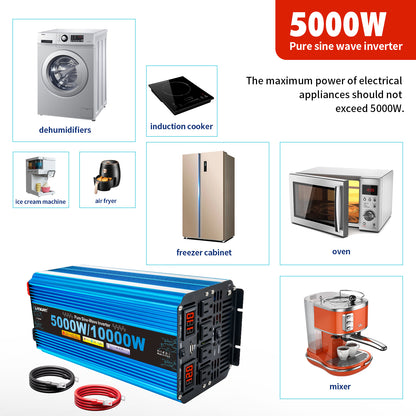 LVYUAN 5000W 10000W Peak Pure Sine Wave Power Inverter 12V DC to 110V AC Converter, 60Hz/50Hz, 4 AC Outlets + USB, LED Display, Remote Control for Car, RV, Camping & Home Backup
