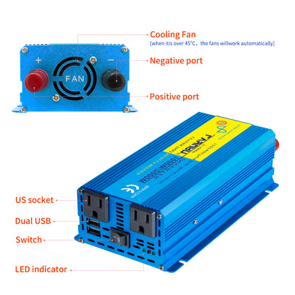 LVYUAN 1000W 2000W Peak Power Inverter DC 12V to AC 110V Pure Sine Wave Car Battery Inverter 2 AC Outlets & 2 USB Charger Adapter for Car, RV, Truck, Camping, Home Backup, Emergency Power