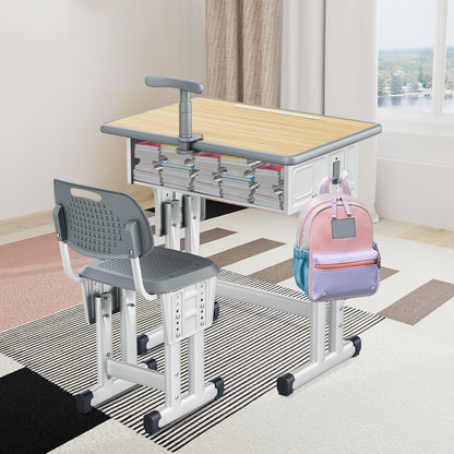Kids Study Desk and Chair Set, LVYUAN Height Adjustable Children School Study Drawing Desk, Ergonomic Kids Table Desk and Chair Set with Storage Drawer, Hook, Bracket, Pen Slot for Ages 3-18 Gray