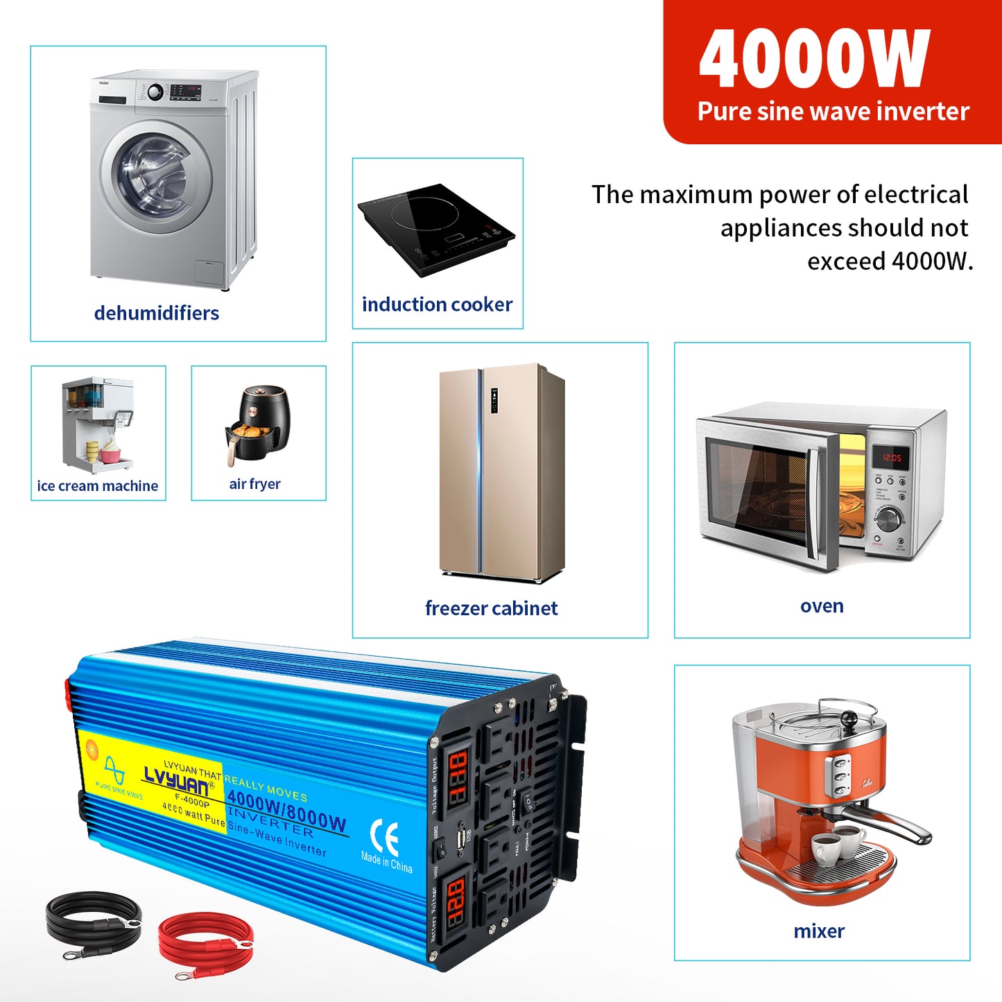 LVYUAN 4000W 8000W Peak Pure Sine Wave Power Inverter 12V DC to 110V AC Converter, 60Hz/50Hz, 4 AC Outlets + USB, LED Display, Remote Control for Car, RV, Camping & Home Backup