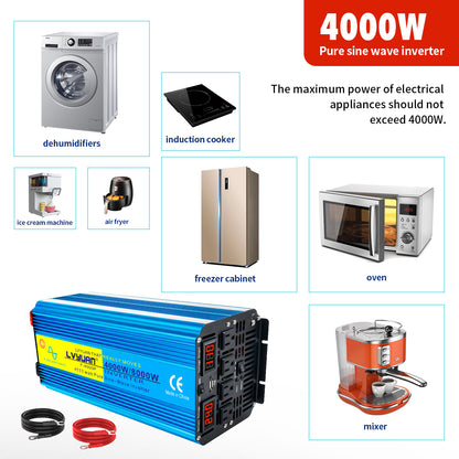 LVYUAN 4000W 8000W Peak Pure Sine Wave Power Inverter 24V DC to 110V AC Converter, 60Hz/50Hz, 4 AC Outlets + USB, LED Display, Remote Control for Car, RV, Camping & Home Backup
