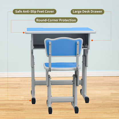 Kids Study Desk and Chair Set, LVYUAN Children School Study Drawing Desk Chair Height Adjustable Kids Table Desk and Chair Set with Storage Drawer, Hook Blue