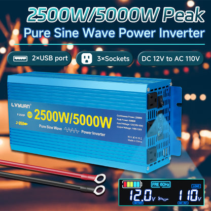 LVYUAN 2500W 5000W Peak Power Inverter DC 12V to AC 110V Pure Sine Wave Car Battery Inverter 3 AC Outlets & 2 USB Charger Adapter LCD Display for Car, RV, Truck, Camping, Home Backup, Emergency Power