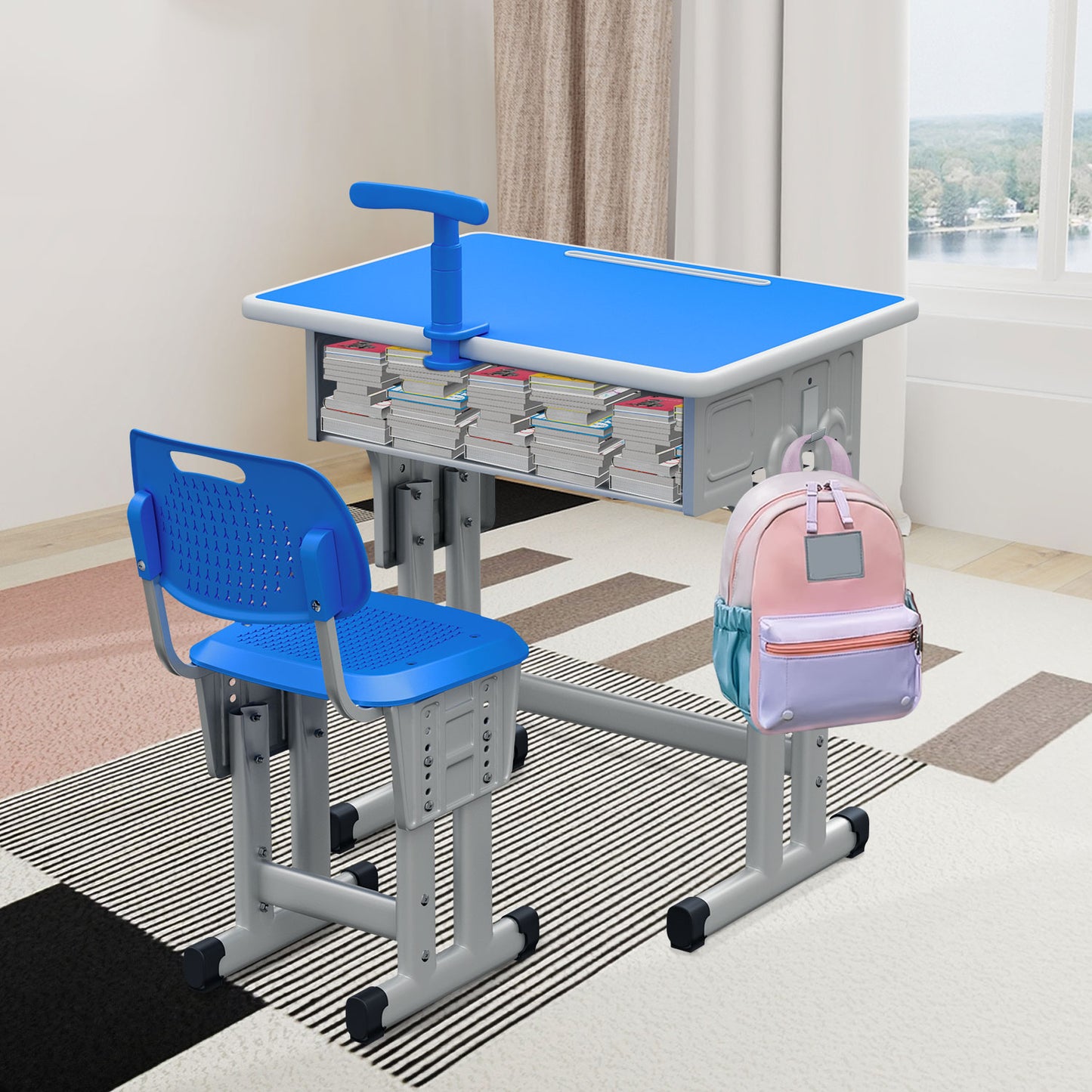 Kids Study Desk and Chair Set, LVYUAN Height Adjustable Children School Study Drawing Desk, Ergonomic Kids Table Desk and Chair Set with Storage Drawer, Hook, Bracket, Pen Slot for Ages 3-18 Blue
