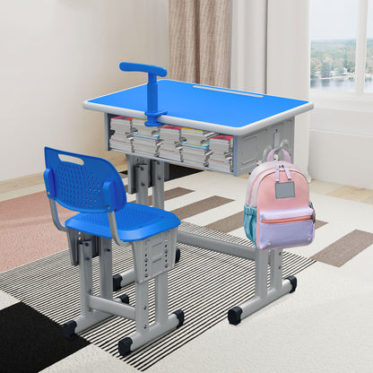 Kids Study Desk and Chair Set, LVYUAN Height Adjustable Children School Study Drawing Desk, Ergonomic Kids Table Desk and Chair Set with Storage Drawer, Hook, Bracket, Pen Slot for Ages 3-18 Blue