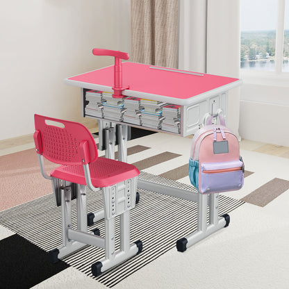 Kids Study Desk and Chair Set, LVYUAN Height Adjustable Children School Study Drawing Desk, Ergonomic Kids Table Desk and Chair Set with Storage Drawer, Hook, Bracket, Pen Slot for Ages 3-18 Pink