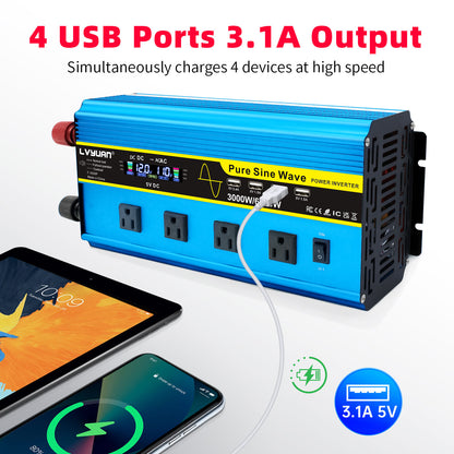 LVYUAN 3000W 6000W Pure Sine Wave Power Inverter DC 12V to AC 110V 120V Car Converter 4 AC Outlets + 4 USB LCD Display with Remote Control for Car, RV, Camping & Home Backup Blue