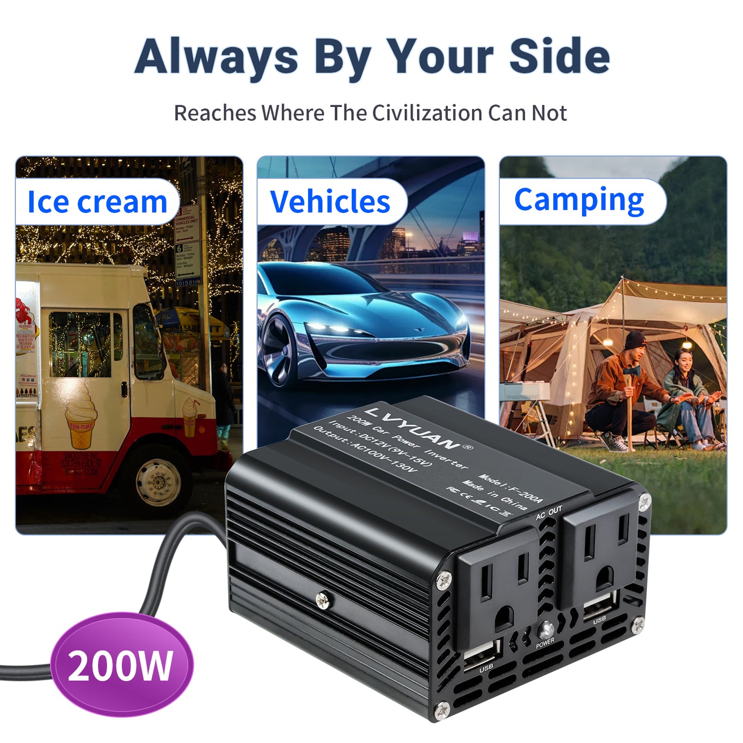 LVYUAN 200W Modified Sine Wave Power Inverter 12V DC to 110V AC Vehicles Converter 2 AC Outlets + 2USB Charger Car Plug Adapter for Laptop, Computer, Car, RV, Camping & Home Black