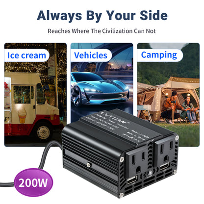 LVYUAN 200W Modified Sine Wave Power Inverter 12V DC to 110V AC Vehicles Converter 2 AC Outlets + 2USB Charger Car Plug Adapter for Laptop, Computer, Car, RV, Camping & Home Black