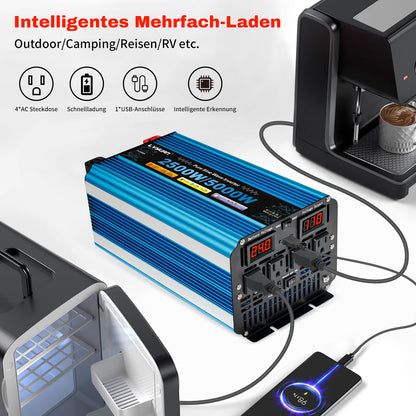 LVYUAN 2500W 5000W Peak Pure Sine Wave Power Inverter 24V DC to 110V AC Converter, 60Hz/50Hz, 4 AC Outlets + USB, LED Display, Remote Control for Car, RV, Camping & Home Backup