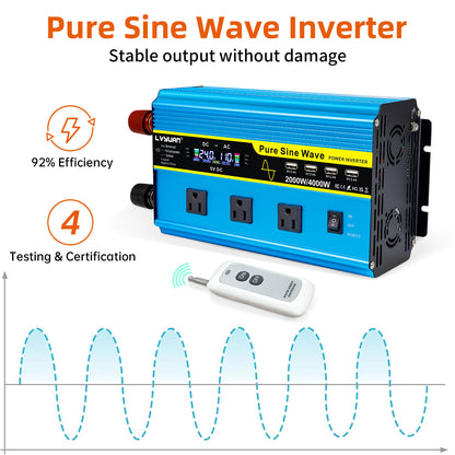 LVYUAN 2000W 4000W Pure Sine Wave Power Inverter DC 24V to AC 110V 120V Car Converter 3 AC Outlets + 4 USB LCD Display with Remote Control for Car, RV, Camping & Home Backup Blue
