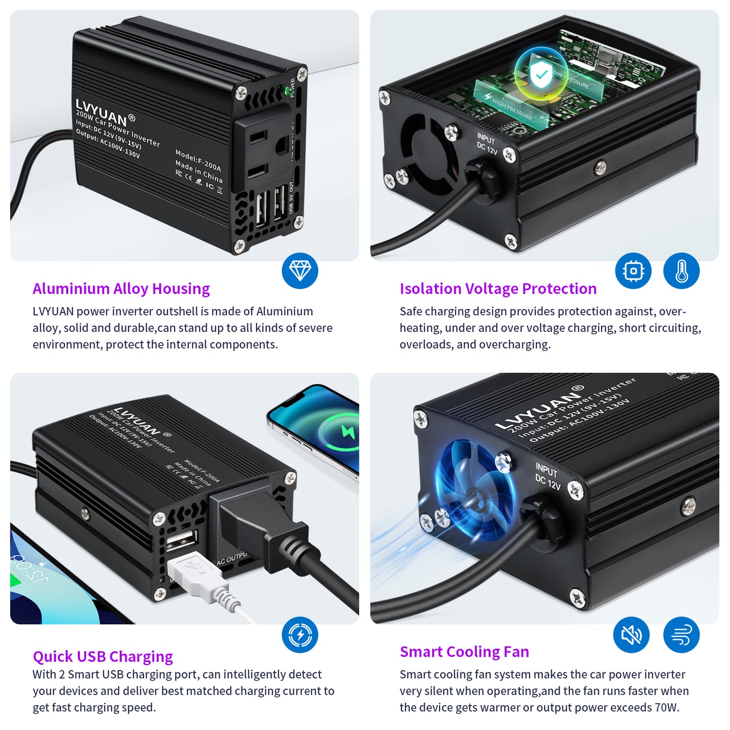 LVYUAN 200Watts Power Inverter Converter Adapter 12V DC to 110V AC Car Charger with 2 USB Ports for Cars, Camping, and Travel