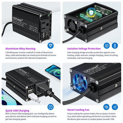 LVYUAN 200Watts Power Inverter Converter Adapter 12V DC to 110V AC Car Charger with 2 USB Ports for Cars, Camping, and Travel