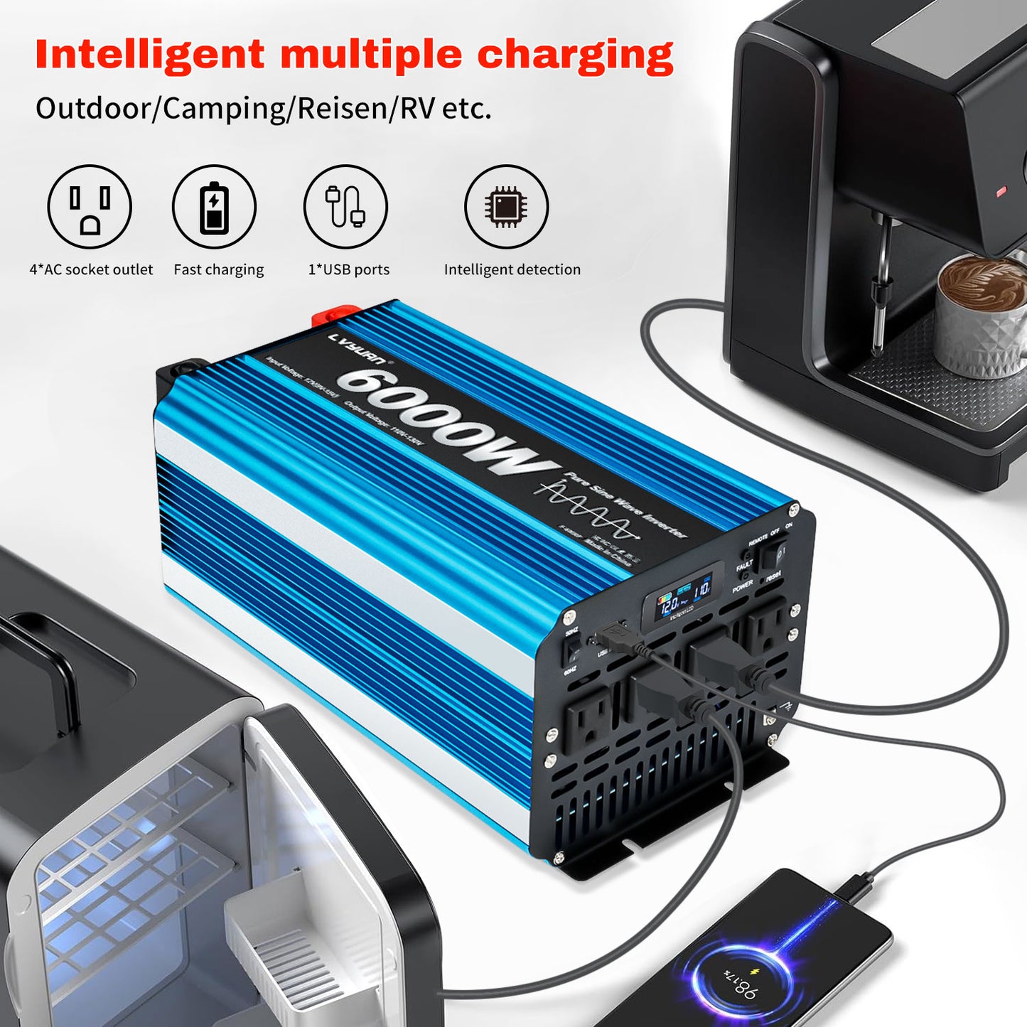 LVYUAN 3000W 6000W Peak Pure Sine Wave Power Inverter 12V DC to 110V AC Converter, 60Hz/50Hz, 4 AC Outlets + USB, LCD Display, Remote Control for Car, RV, Camping & Home Backup Blue