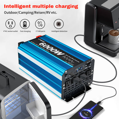 LVYUAN 3000W 6000W Peak Pure Sine Wave Power Inverter 12V DC to 110V AC Converter, 60Hz/50Hz, 4 AC Outlets + USB, LCD Display, Remote Control for Car, RV, Camping & Home Backup Blue