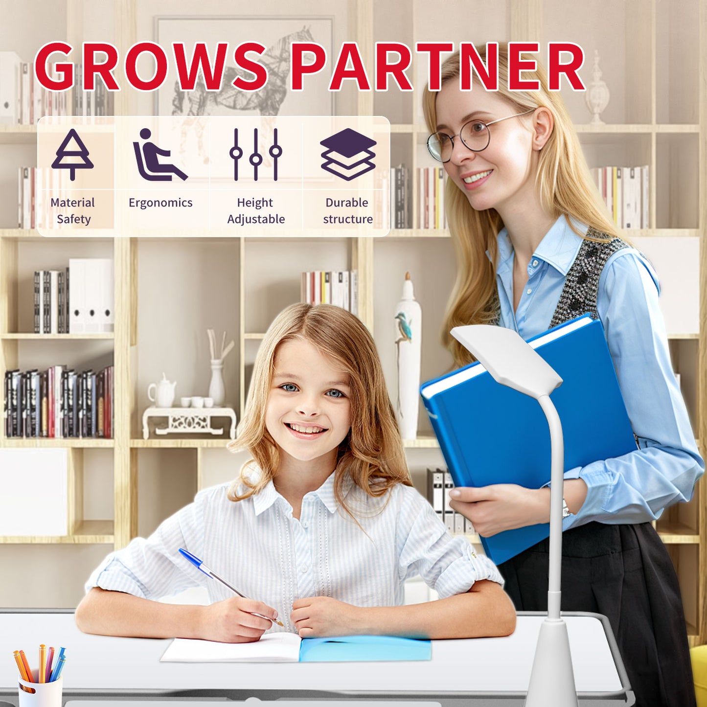 LVYUAN Kids Study Desk and Chair Set Height Adjustable Children School Study Drawing Desk Chair with LED Lamp, Tilt Desktop, Storage Drawer, Book Stand Grey