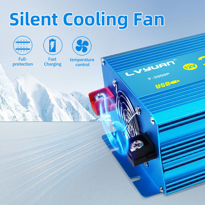 LVYUAN 3000W 6000W Peak Power Inverter DC 12V to AC 110V Pure Sine Wave Car Battery Inverter 3 AC Outlets & 2 USB Charger Adapter LCD Display for Car, RV, Truck, Camping, Home Backup, Emergency Power