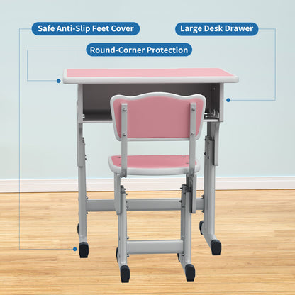 Kids Study Desk and Chair Set, LVYUAN Children School Study Drawing Desk Chair Height Adjustable Kids Table Desk and Chair Set with Storage Drawer, Hook Pink