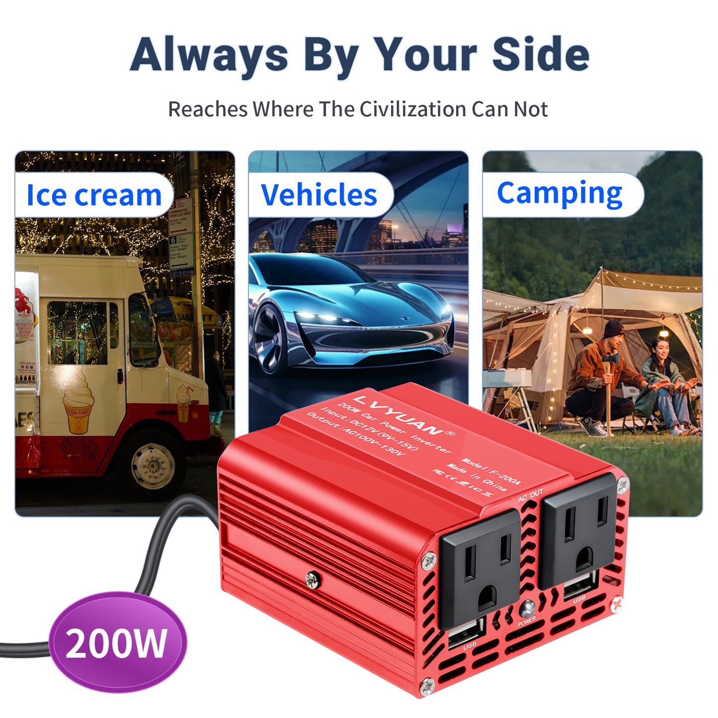 LVYUAN 200W Modified Sine Wave Power Inverter 12V DC to 110V AC Vehicles Converter 2 AC Outlets + 2USB Charger Car Plug Adapter for Laptop, Computer, Car, RV, Camping & Home Red