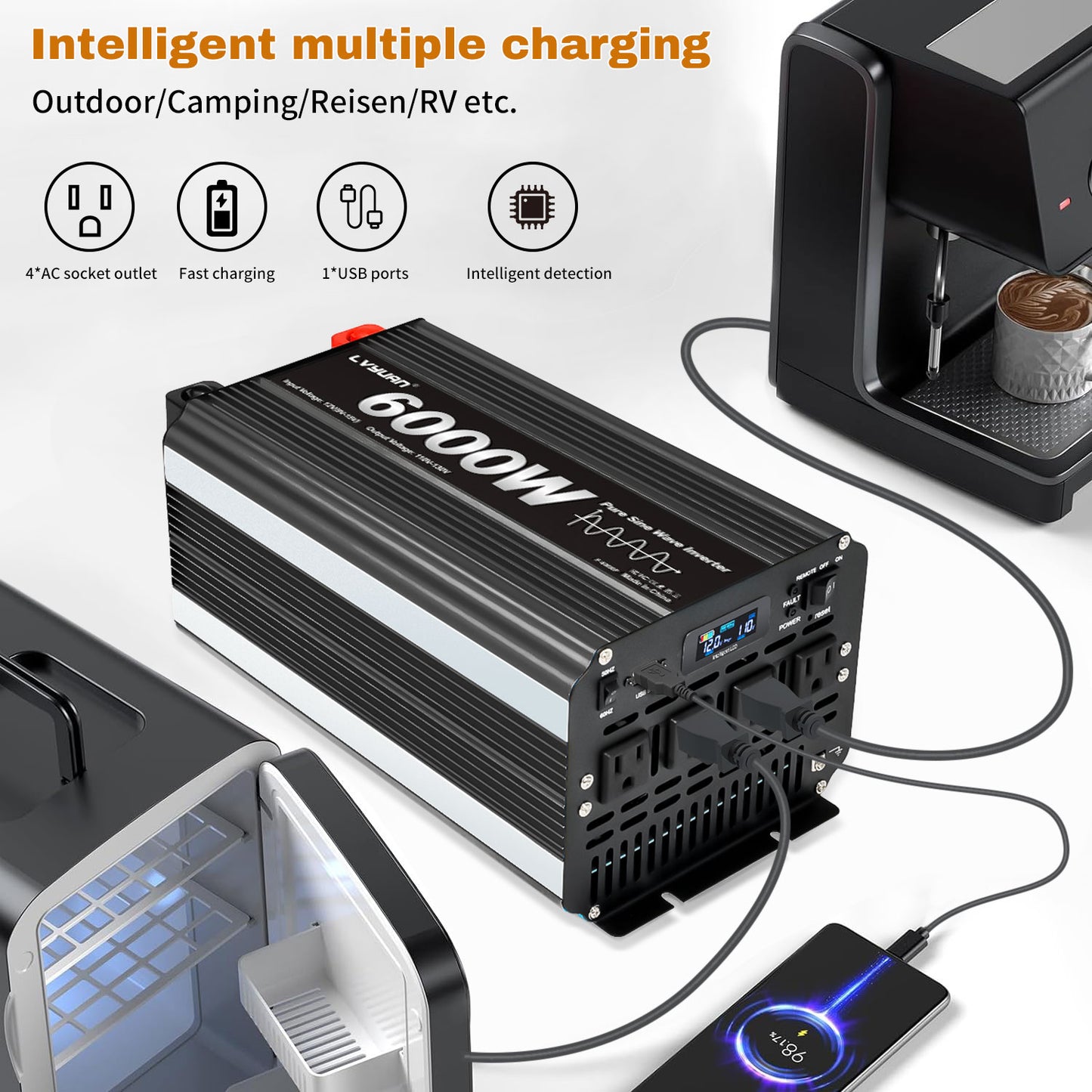 LVYUAN 3000W 6000W Peak Pure Sine Wave Power Inverter 12V DC to 110V AC Converter, 60Hz/50Hz, 4 AC Outlets + USB, LCD Display, Remote Control for Car, RV, Camping & Home Backup Black