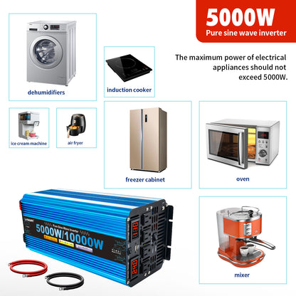 LVYUAN 5000W 10000W Peak Pure Sine Wave Power Inverter 24V DC to 110V AC Converter, 60Hz/50Hz, 4 AC Outlets + USB, LED Display, Remote Control for Car, RV, Camping & Home Backup