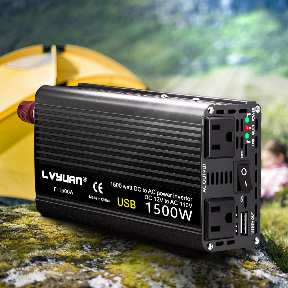 LVYUAN 1500 Watts Peak Power Inverter Modified Sine Wave DC 12V to AC 110V 120V Car Converter 2 AC Outlets + USB Adapter USB Charger for Car, RV, Camping & Home Backup Black
