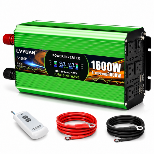 LVYUAN 1600W Pure Sine Wave Power Inverter 12V DC to 120V AC Converter with LCD Display, Remote Control, 4 AC Outlets & USB Ports for RV Truck Off-Grid Solar System