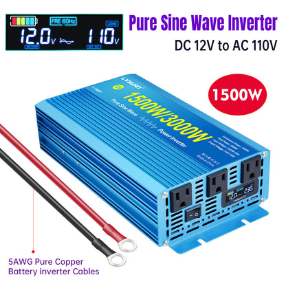 LVYUAN 1500W 3000W Peak Power Inverter DC 12V to AC 110V Pure Sine Wave Car Battery Inverter 3 AC Outlets Charger Adapter LCD Display for Car, RV, Truck, Camping, Home Backup, Emergency Power