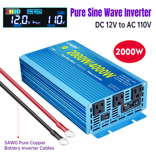 LVYUAN 2000W 4000W Peak Power Inverter DC 12V to AC 110V Pure Sine Wave Car Battery Inverter 3 AC Outlets Charger Adapter LCD Display for Car, RV, Truck, Camping, Home Backup, Emergency Power