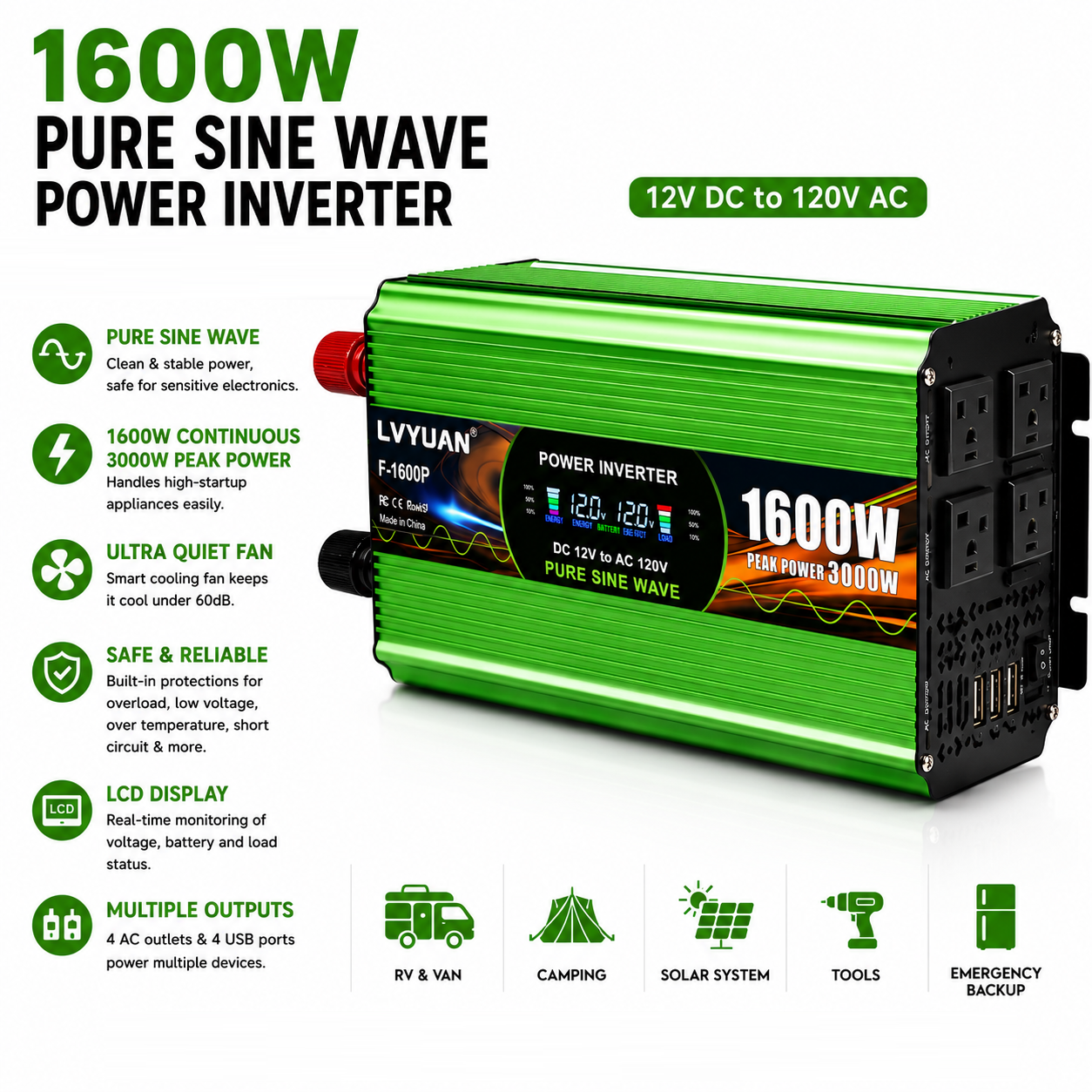 LVYUAN 1600W Pure Sine Wave Power Inverter 12V DC to 120V AC Converter