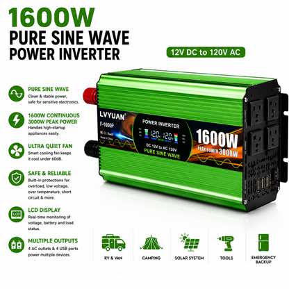 LVYUAN 1600W Pure Sine Wave Power Inverter 12V DC to 120V AC Converter