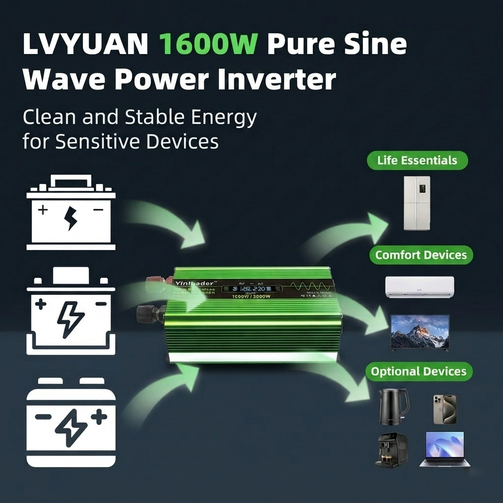 LVYUAN 1600W Pure Sine Wave Power Inverter 12V DC to 120V AC Converter with LCD Display, Remote Control, 4 AC Outlets & USB Ports