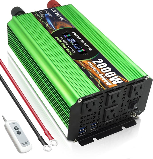 LVYUAN 2000W Pure Sine Wave Power Inverter 12V DC to 120V AC Converter with LCD Display, Remote Control, 4 AC Outlets & USB Ports for RV Truck Off-Grid Solar System
