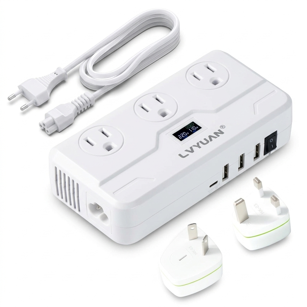 LVYUAN 220V to 110V Voltage Converter for International Travel, 250W Step Down Transformer with UK EU AU Plug Adapters and 3 AC Outlets in White