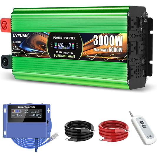 LVYUAN 3000W Pure Sine Wave Power Inverter 12V DC to 120V AC Converter with LCD Display, Remote Control, 4 AC Outlets & USB Ports for Off-Grid Solar System