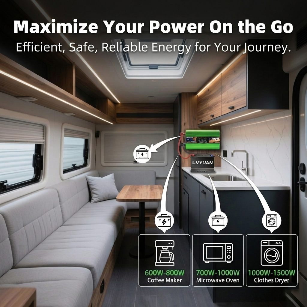 LVYUAN Pure Sine Wave Power Inverter 12V DC to 120V AC Converter with LCD Display, Remote Control, 4 AC Outlets & USB Ports
