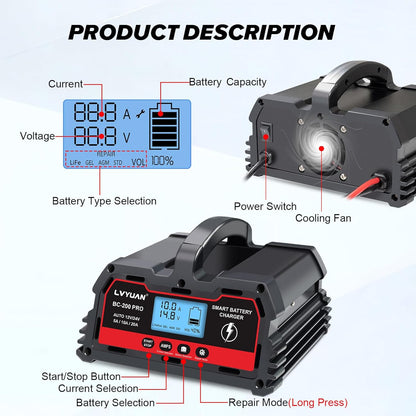LVYUAN BC-200 PRO 12V/24V 20A Smart Battery Charger and Maintainer with LCD - for Car, Truck, Motorcycle, LiFePO4 & Lead-Acid Batteries