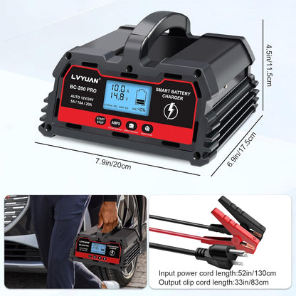 LVYUAN BC-200 PRO 12V/24V 20A Smart Battery Charger and Maintainer with LCD - for Car, Truck, Motorcycle, LiFePO4 & Lead-Acid Batteries