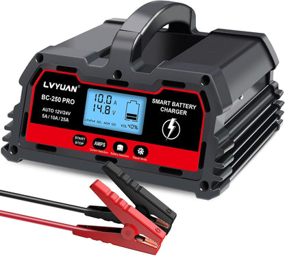 LVYUAN BC-250 PRO 12V/24V 25A Smart Battery Charger and Maintainer with LCD - for Car, Truck, LiFePO4 & Lead-Acid Batteries