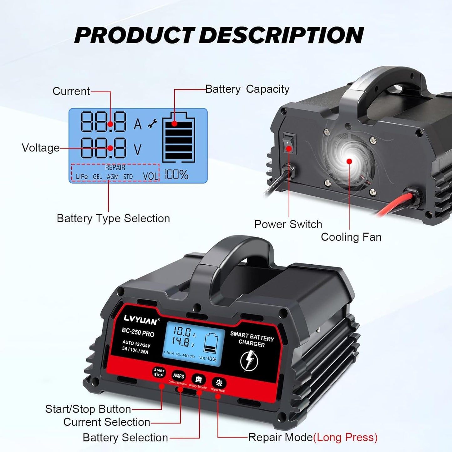 LVYUAN BC-250 PRO 12V/24V 25A Smart Battery Charger and Maintainer with LCD - for Car, Truck, LiFePO4 & Lead-Acid Batteries