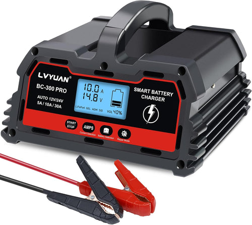 LVYUAN BC-300 PRO 12V/24V 30A Smart Battery Charger and Maintainer with LCD - for Car, Truck, Motorcycle, LiFePO4 & Lead-Acid Batteries