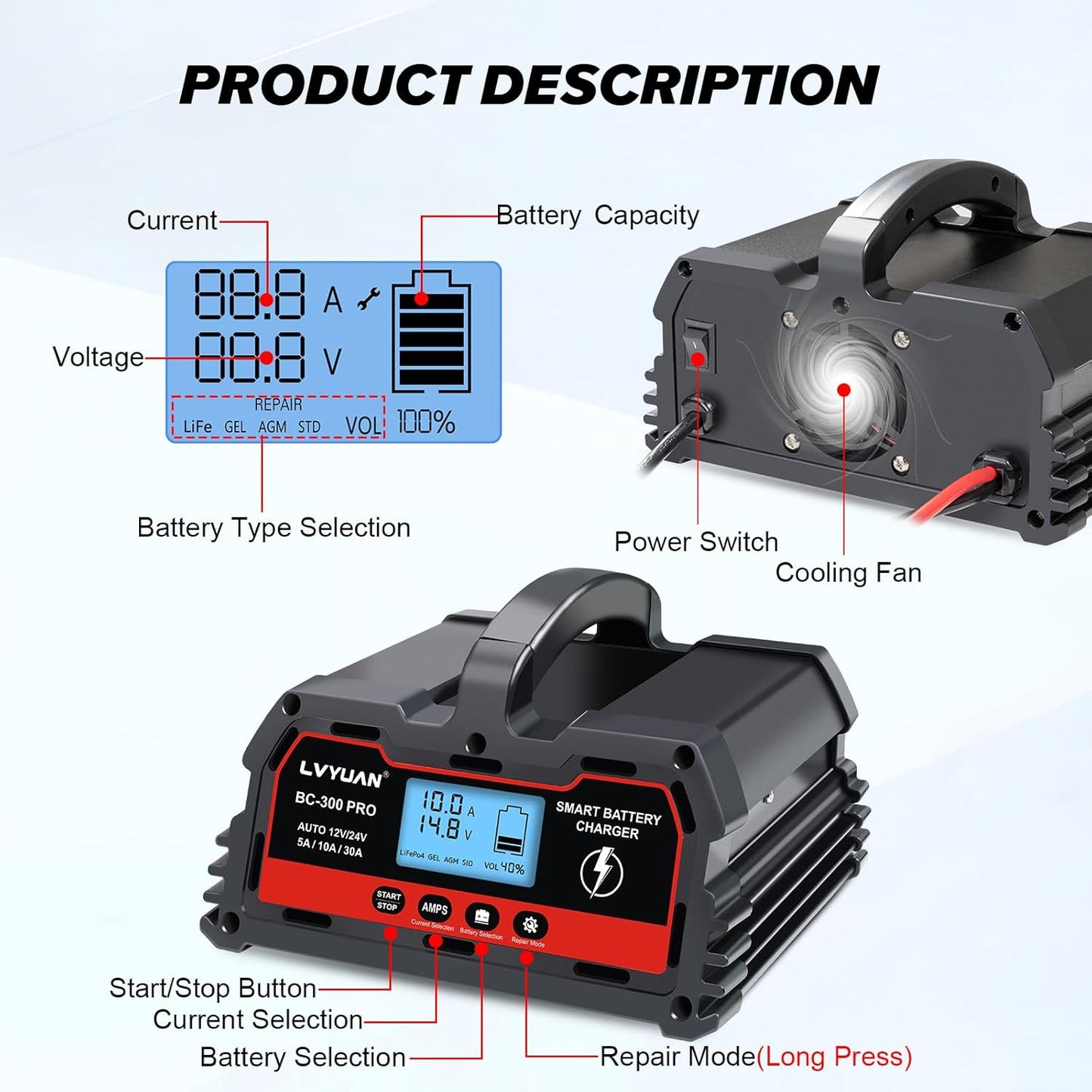 LVYUAN BC-300 PRO 12V/24V 30A Smart Battery Charger and Maintainer with LCD - for Car, Truck, Motorcycle, LiFePO4 & Lead-Acid Batteries