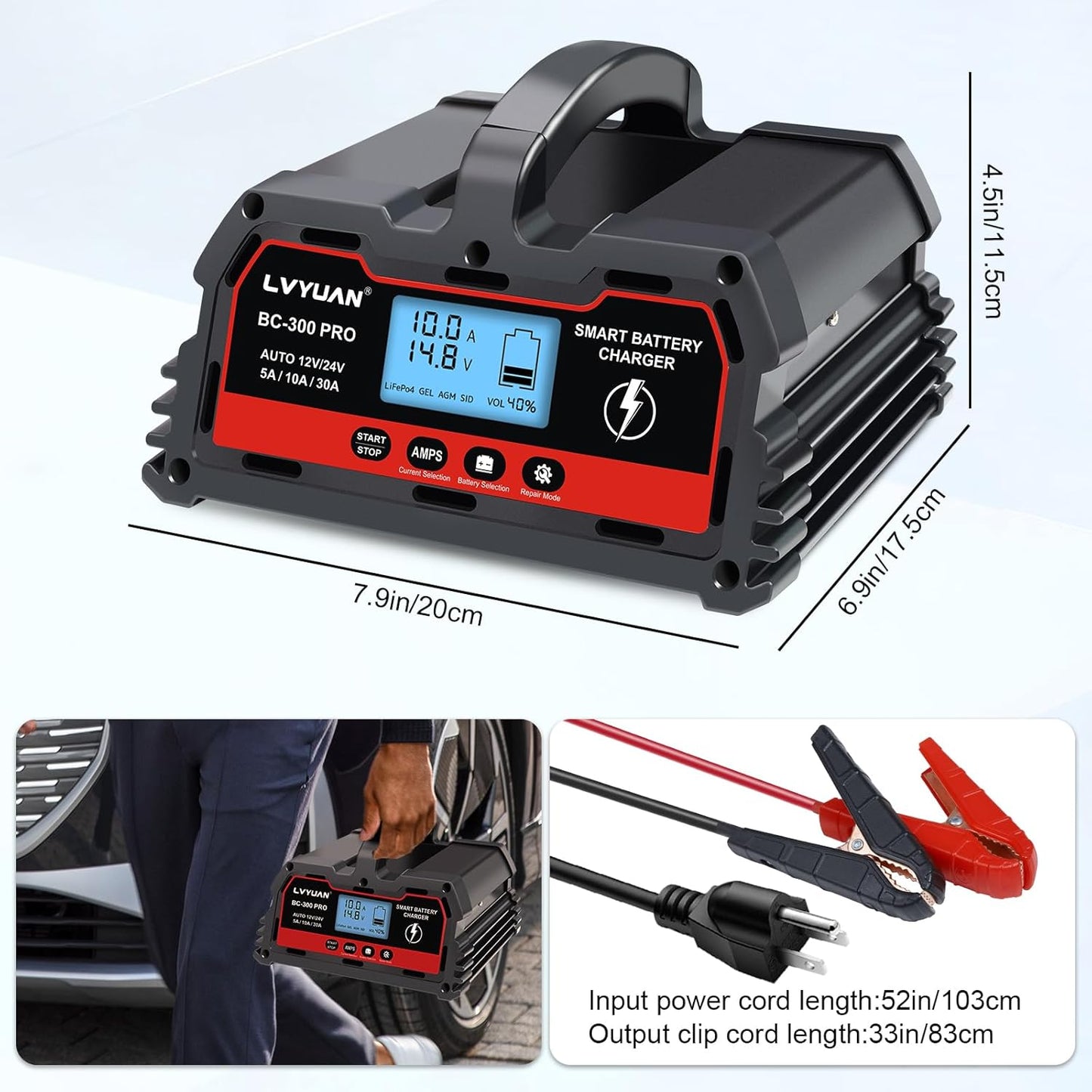 LVYUAN BC-300 PRO 12V/24V 30A Smart Battery Charger and Maintainer with LCD - for Car, Truck, Motorcycle, LiFePO4 & Lead-Acid Batteries