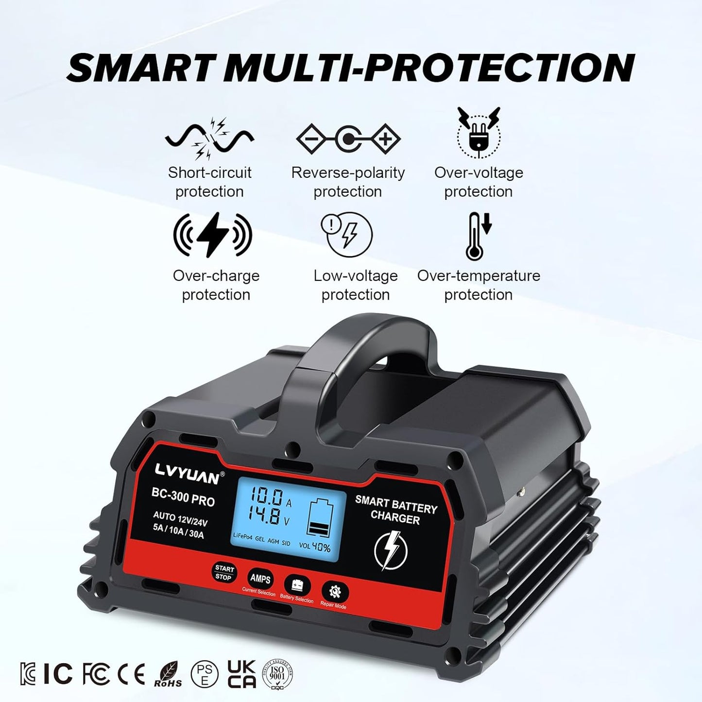 LVYUAN BC-300 PRO 12V/24V 30A Smart Battery Charger and Maintainer with LCD - for Car, Truck, Motorcycle, LiFePO4 & Lead-Acid Batteries