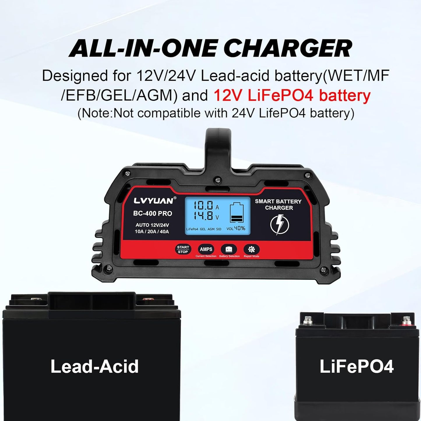 LVYUAN BC-400 PRO 12V/24V 40A Smart Battery Charger and Maintainer with LCD - for Car, Truck, Motorcycle, LiFePO4 & Lead-Acid Batteries
