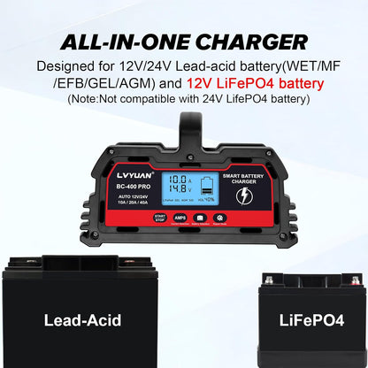 LVYUAN BC-400 PRO 12V/24V 40A Smart Battery Charger and Maintainer with LCD - for Car, Truck, Motorcycle, LiFePO4 & Lead-Acid Batteries