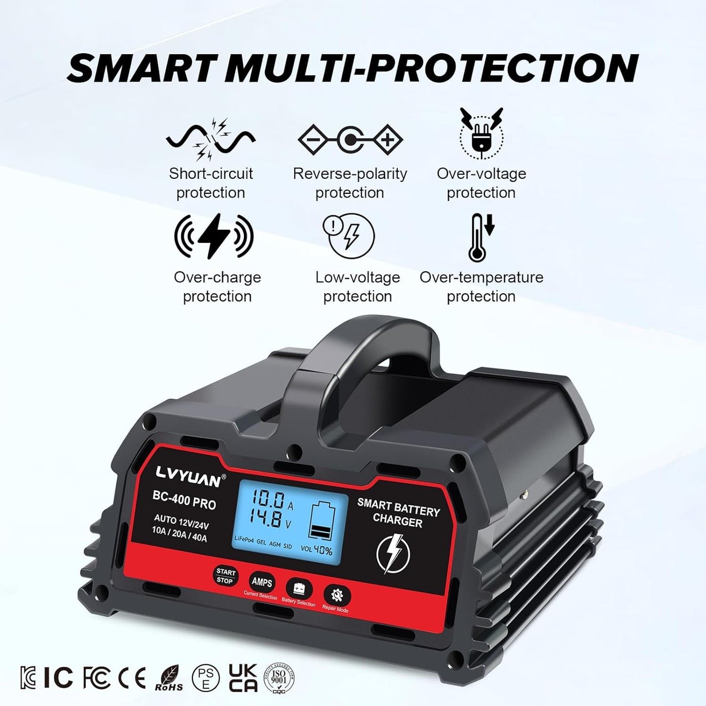 LVYUAN BC-400 PRO 12V/24V 40A Smart Battery Charger and Maintainer with LCD - for Car, Truck, Motorcycle, LiFePO4 & Lead-Acid Batteries