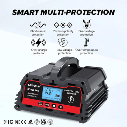 LVYUAN BC-400 PRO 12V/24V 40A Smart Battery Charger and Maintainer with LCD - for Car, Truck, Motorcycle, LiFePO4 & Lead-Acid Batteries