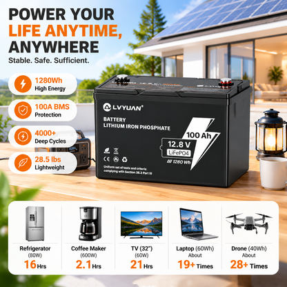 Lvyuan 12V 100Ah LiFePO4 Lithium Battery 1280Wh Deep Cycle Rechargeable Battery with Intelligent BMS
